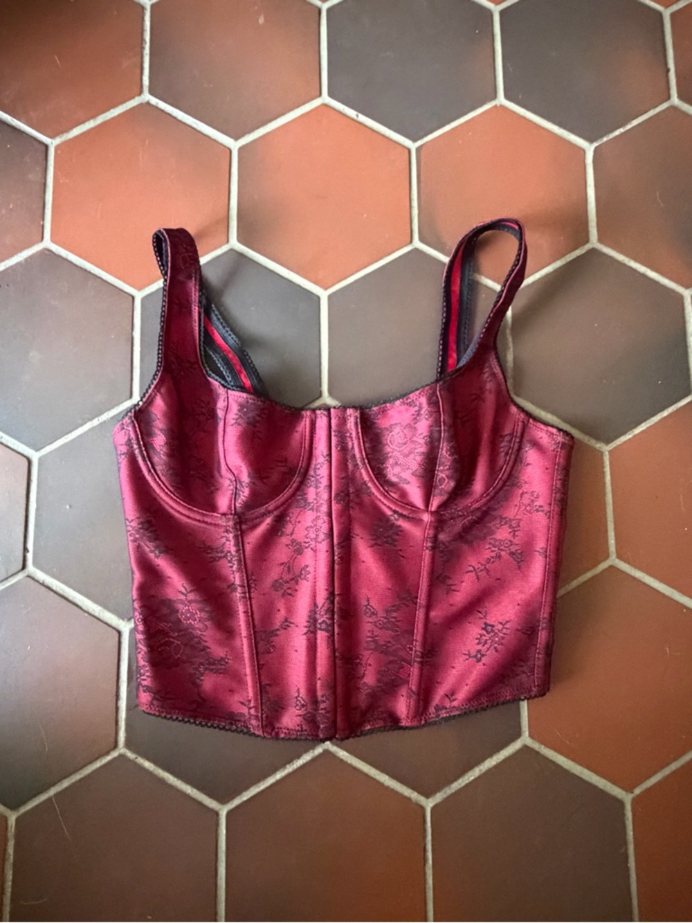 SHEIN Burgundy Satin Floral Bustier Crop Top